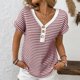thumbnail image 2 of Camisas de Manga Corta de las Mujeres de Verano Empalmado de Punto con Cuello en V Botón Superior, Poliéster Ligero para el Uso Diario Casual, 2 of 9