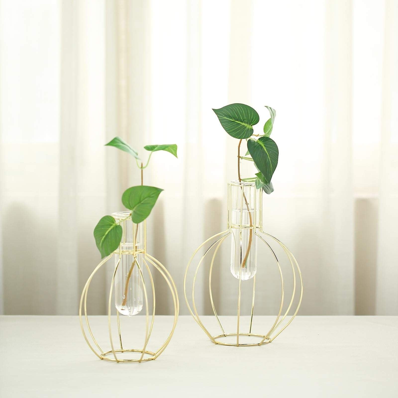 2 GOLD Geometric Flower Vase Holders with Clear Glass Tubes Wedding Centerpieces 
