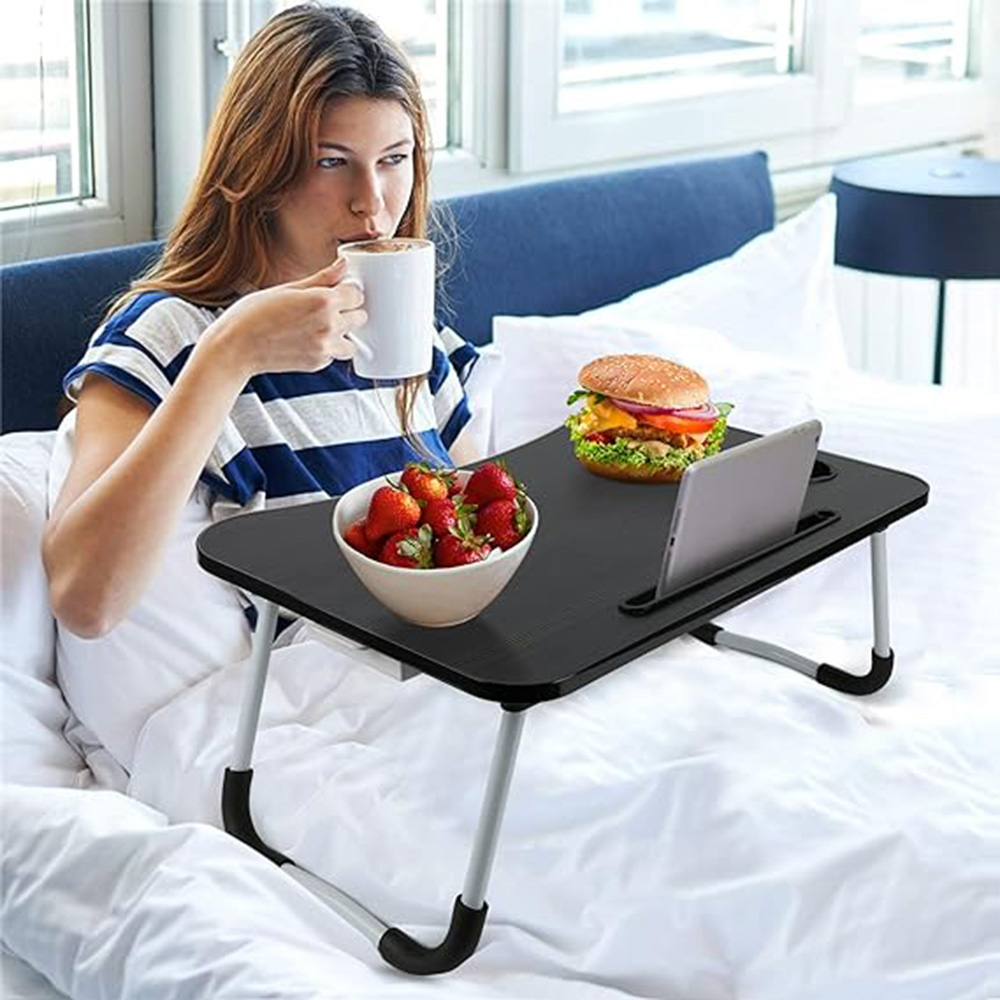 VINAUO Lap Desk with Drawer, 23.6" Extra Large Foldable Laptop Bed Tray Table with Cup Holder & iPad Slot, Portable Breakfast Bed Trays for Working, Eating, Writing on Bed Couch, Black