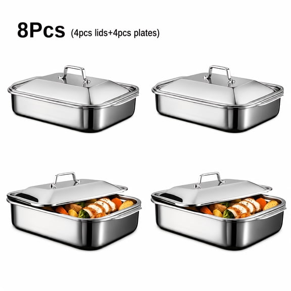 Extra‑Large Thickened Rectangular Stainless Steel Bakeware Tray Set with Lids, 4‑Pack / 8‑Pack Deep Baking Trays, Oven‑Safe for Turkey, Chicken, Bread, Cake and Vegetable Baking