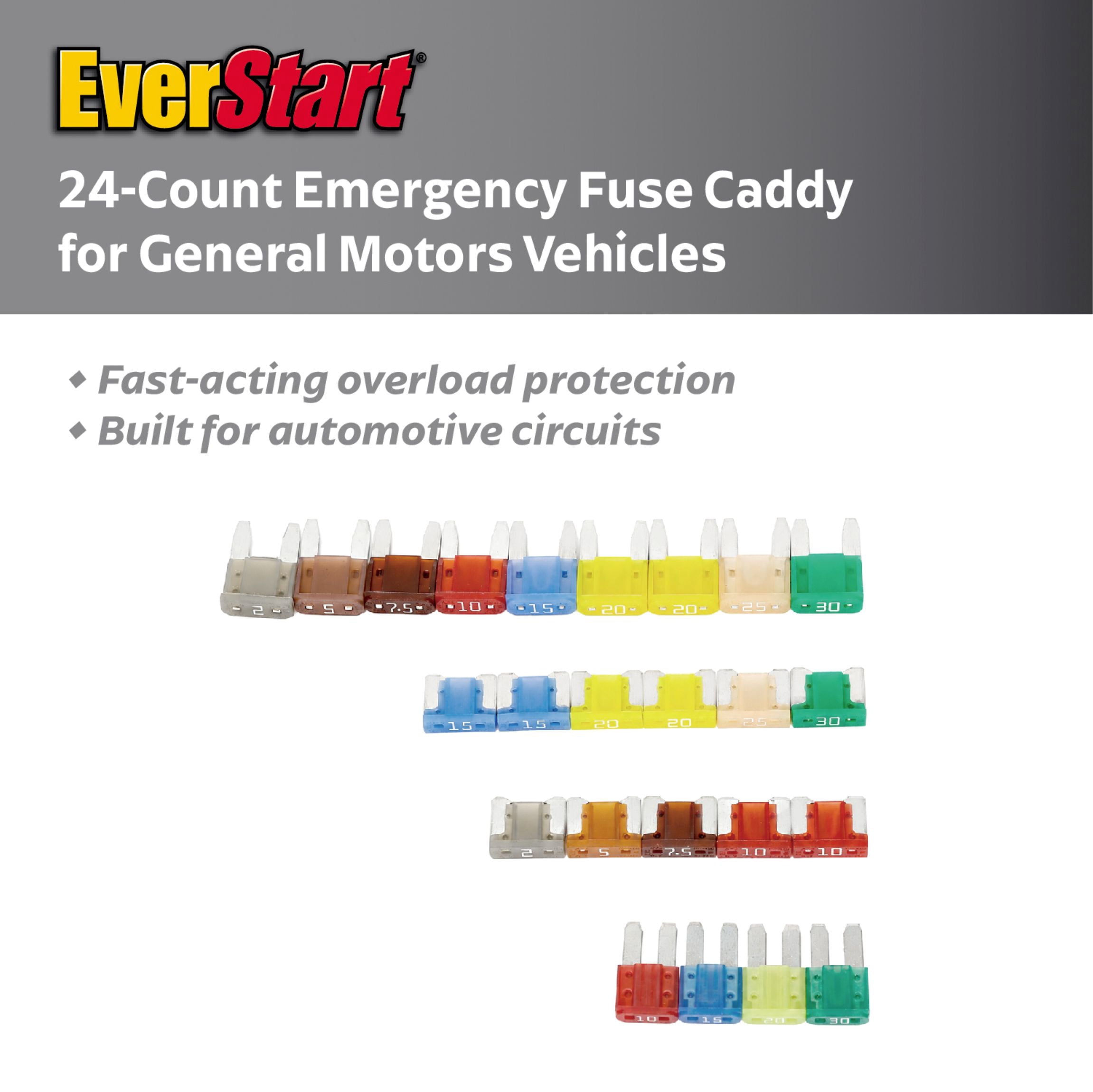EverStart 24 Piece Emergency Fuse Caddy for GM Models Post-2000 with Color Coded Amp Ratings