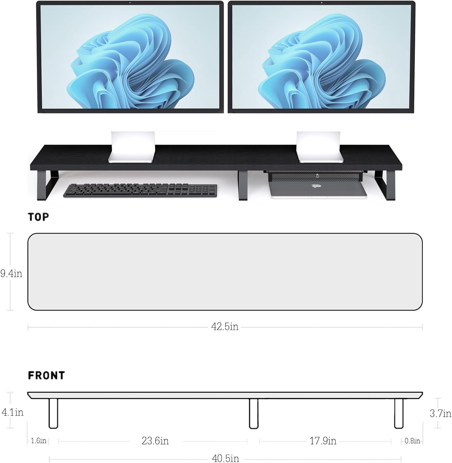 Wood Dual Monitor Stand Riser with Metal Legs and Drawer - Large Computer Desk Organizer for 2 Monitors, Laptop, Printer, TV - Black