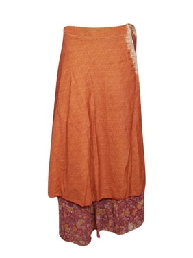 Mogul Women Magic Wrap Skirt Orange Pink Gypsy Chic Reversible Sari Skirt Long Wrap Skirt Dresses One Size