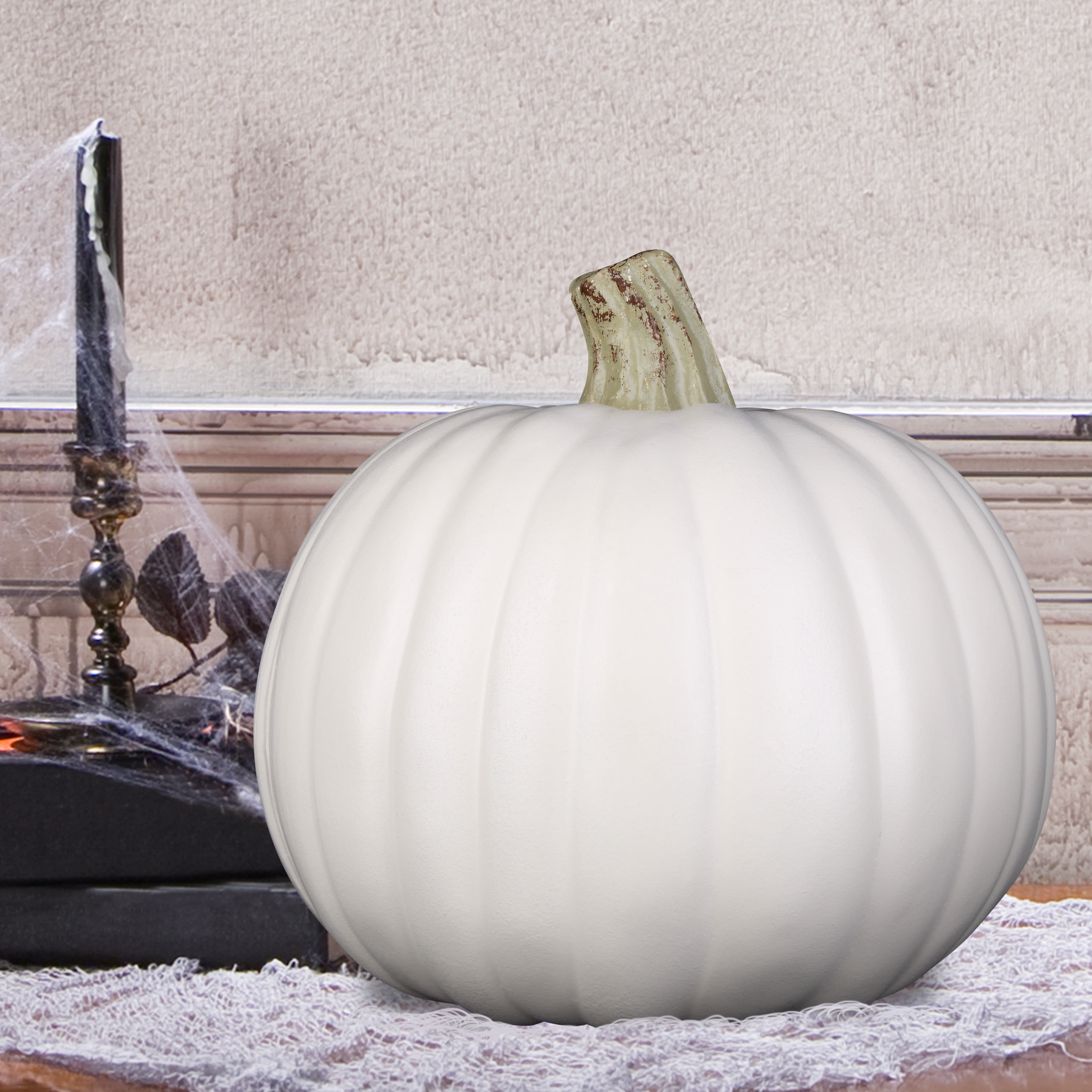 9-Inch Molded Cream White Craft Pumpkin with Gold Natural Stem for Outdoor Decor