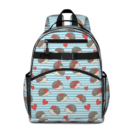Hedgehog and Heart Blue Pattern Cute School Backpack Bag for School with Padded Back and Adjustable Shoulder Straps 15.25"x11.5"x5.25"