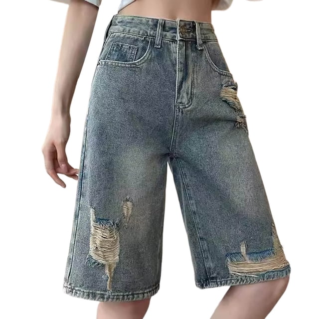 nerohusy Plus Size Womens Ripped Denim Shorts Summer Knee Length Short Jeans with Pockets Mid Rise Lounge Shorts,Blue,XXXXL