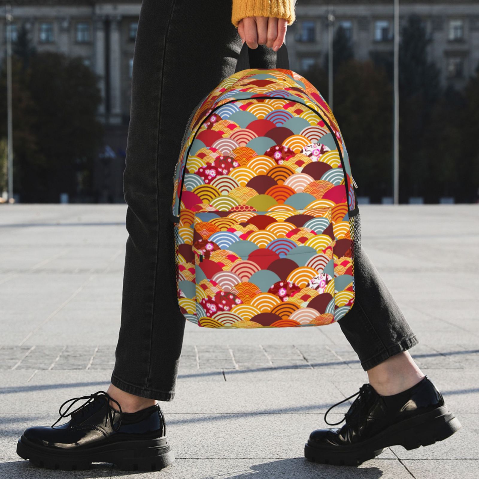 Rateoe Japanese Style Fish Scales Pattern Student Backpack Water-resistant Backpack 15-inch Laptop Backpack Lightweight Adjustable School Backpack