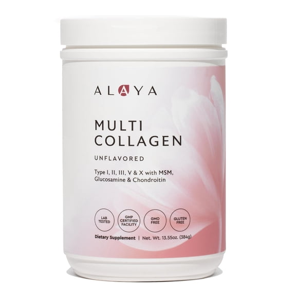 Alaya Multi Collagen Powder - Suplemento proteico en polvo con péptidos de colágeno hidrolizados tipo I, II, III, V y X, con MSM y GC (sin sabor) (40 porciones)
