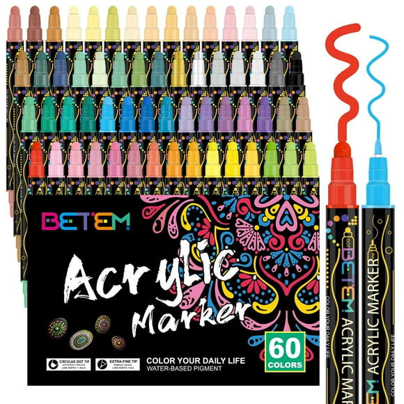 Bolígrafos de pintura acrílica Betem, 60 colores, doble punta, para material de arte