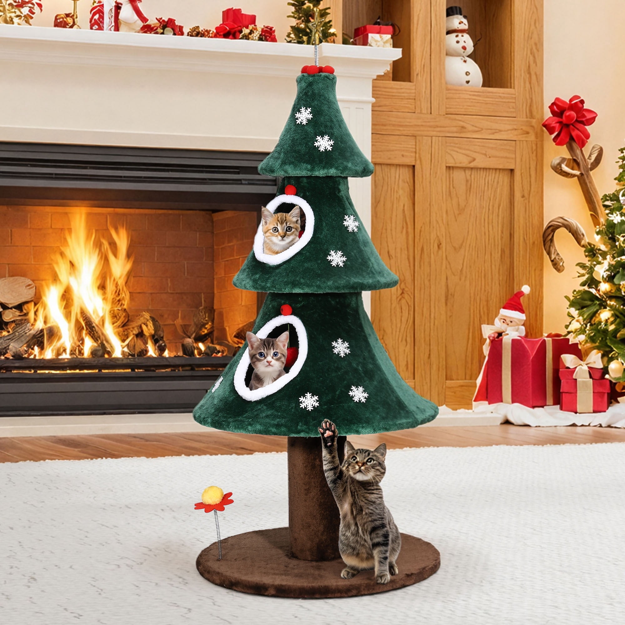 Uforic 52 Inch Christmas Tree Style Cat Tower with 2 Cat Houses, DIY Snowflake & Star Festive Decor, Green