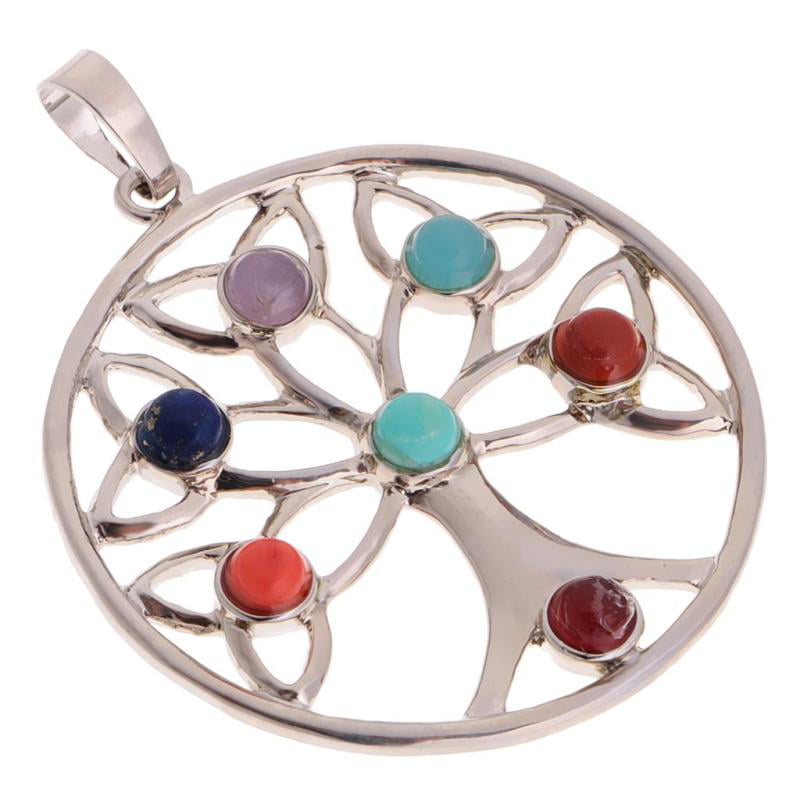 Natural Gemstone Reiki Chakra Tree of Life Round Pendant Charms Silver Plated 