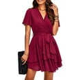 thumbnail image 2 of YNIQUE Women's Casual Dress V-Neck Short Sleeve Waist Tie Ruffle Chiffon Elegant Short Dresses, 2 of 7