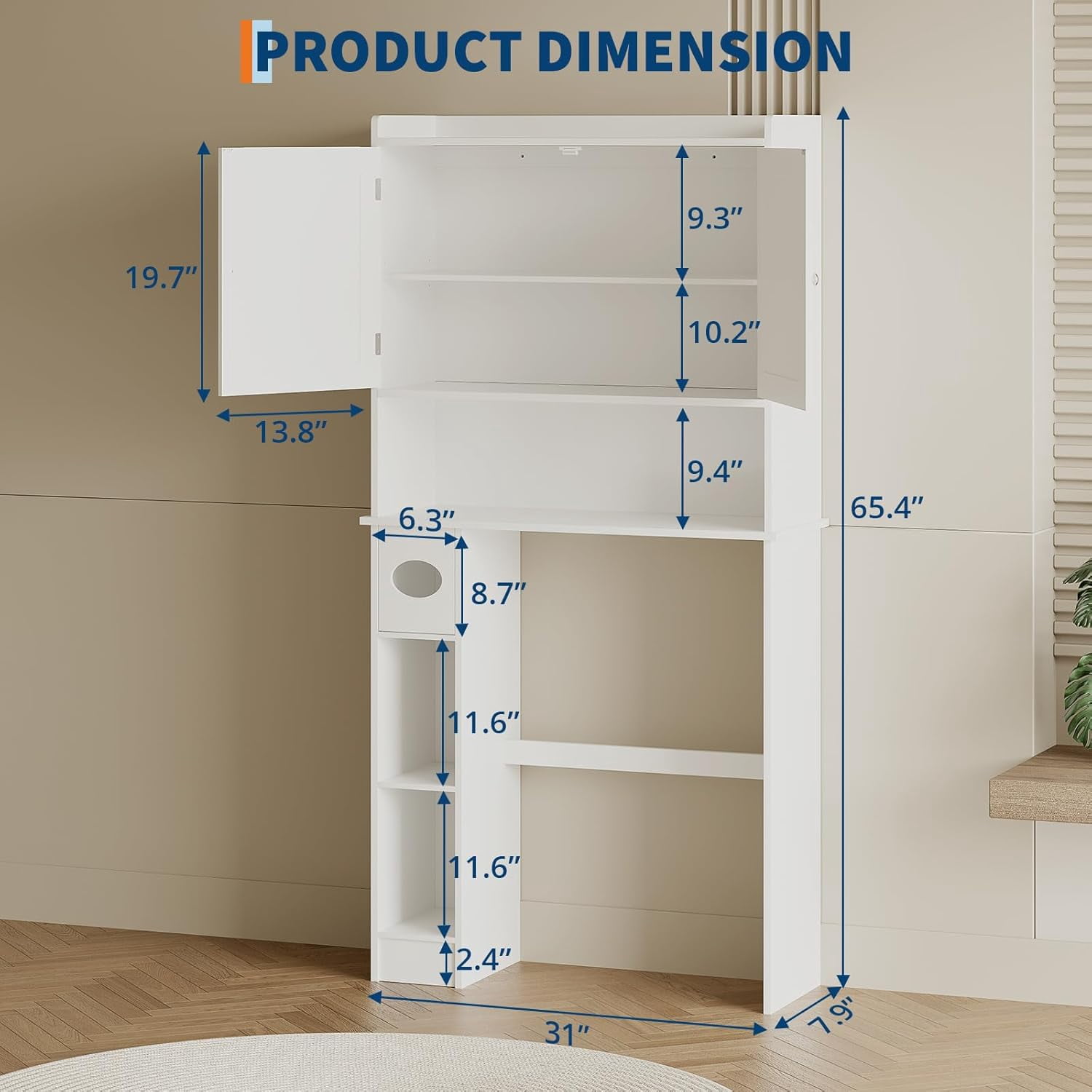Twister.CK Over The Toilet Storage Cabinet with Toilet Paper Holder Double Door Bathroom Organizer Shelf with Adjustable Shelves, White