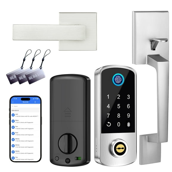 Keyless Entry Door Deadbolt with Handle Set, Fingerprint APP Smart Door Lock, Digital Keypad Bluetooth Deadbolt Lockset with Auto Lock Code Fob Satin Nickel