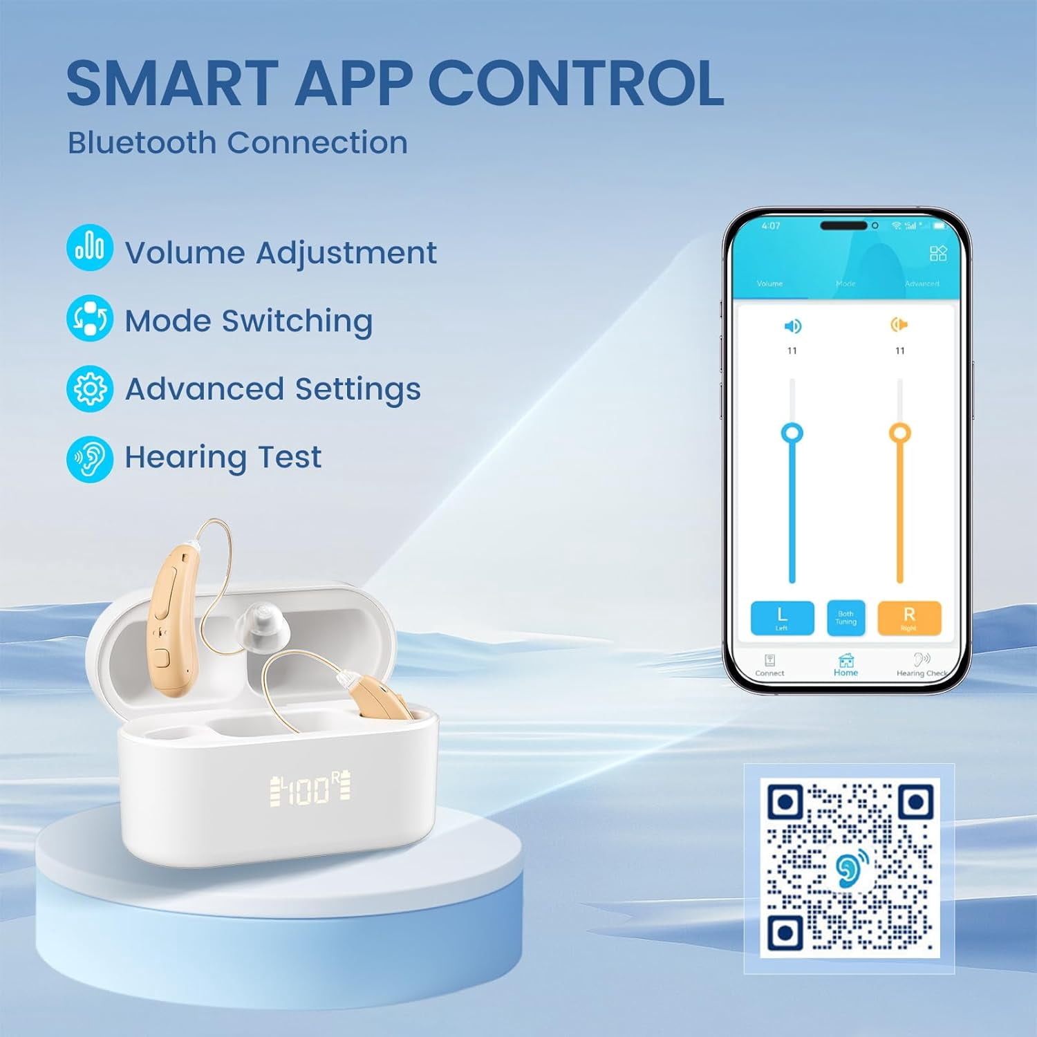 Rechargeable Hearing Aids for Seniors with Bluetooth &App Control, 16-Channels Digital RIC Ear Heaing-aids for Adults Mild Hearing Loss, OTC Self-fitting Ear Hearing Aide W- 4-listening Modes