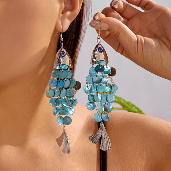 Silver Tone Evil Eye Fish Dangle Earrings for Women, Iridescent Blue Abalone Shell Sequins Long Drop Tassel Earrings, Boho Coastal Beach Statement Jewelry Gift