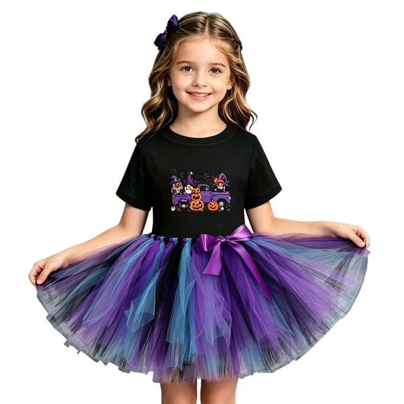 Bobifish Little Girls Dress Sets Halloween Letter Print Short Sleeve Top Gradient Mesh Tutu Skirt Outfit Holiday Stage Performance Dress Up Sets