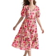 thumbnail image 1 of Vestido midi YESNO de verano con estampado floral con cuello en V y manga abullonada para mujer, 1 of 5