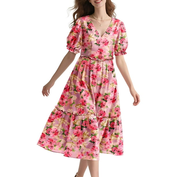 Vestido midi YESNO de verano con estampado floral con cuello en V y manga abullonada para mujer