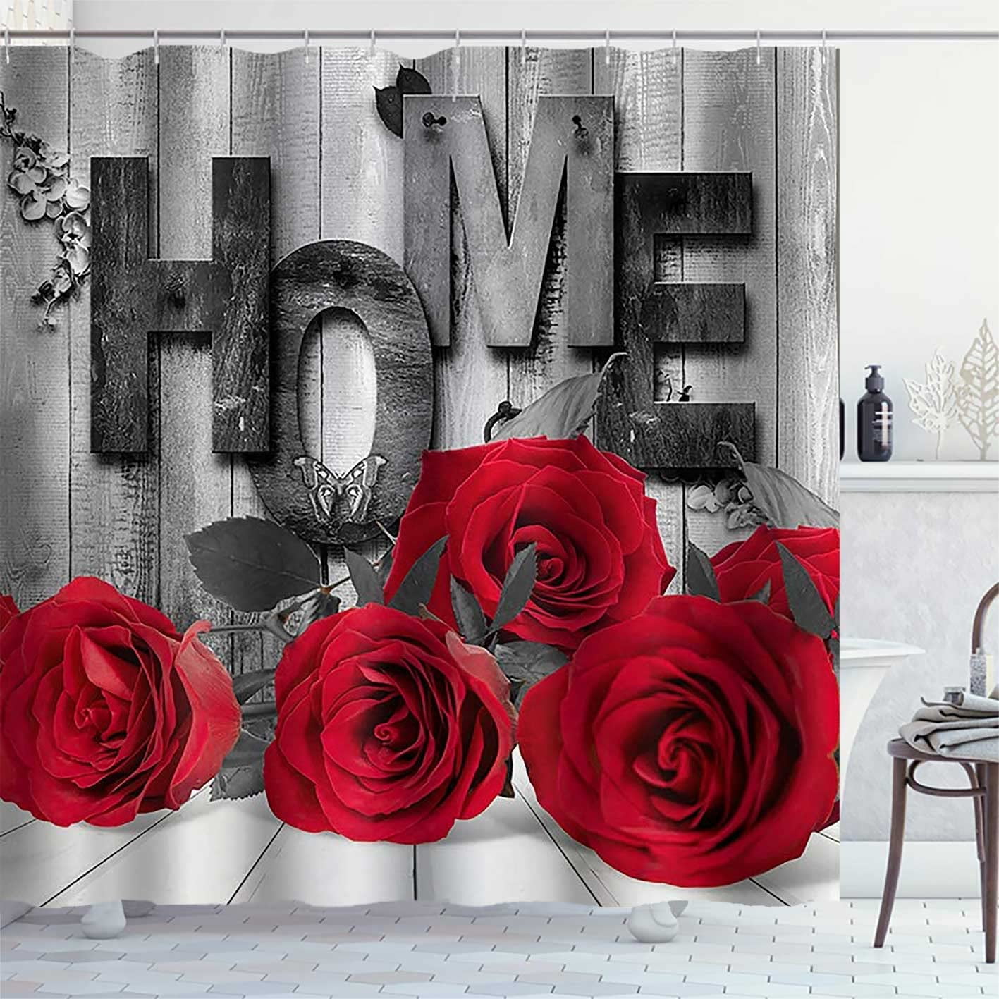 SPXUBZ Shower Curtain, Black and White Wood Panel Home Bright Red Rose  60x72 Inch Shower Curtain for Home Bathroom Waterproof Holiday Decoration 