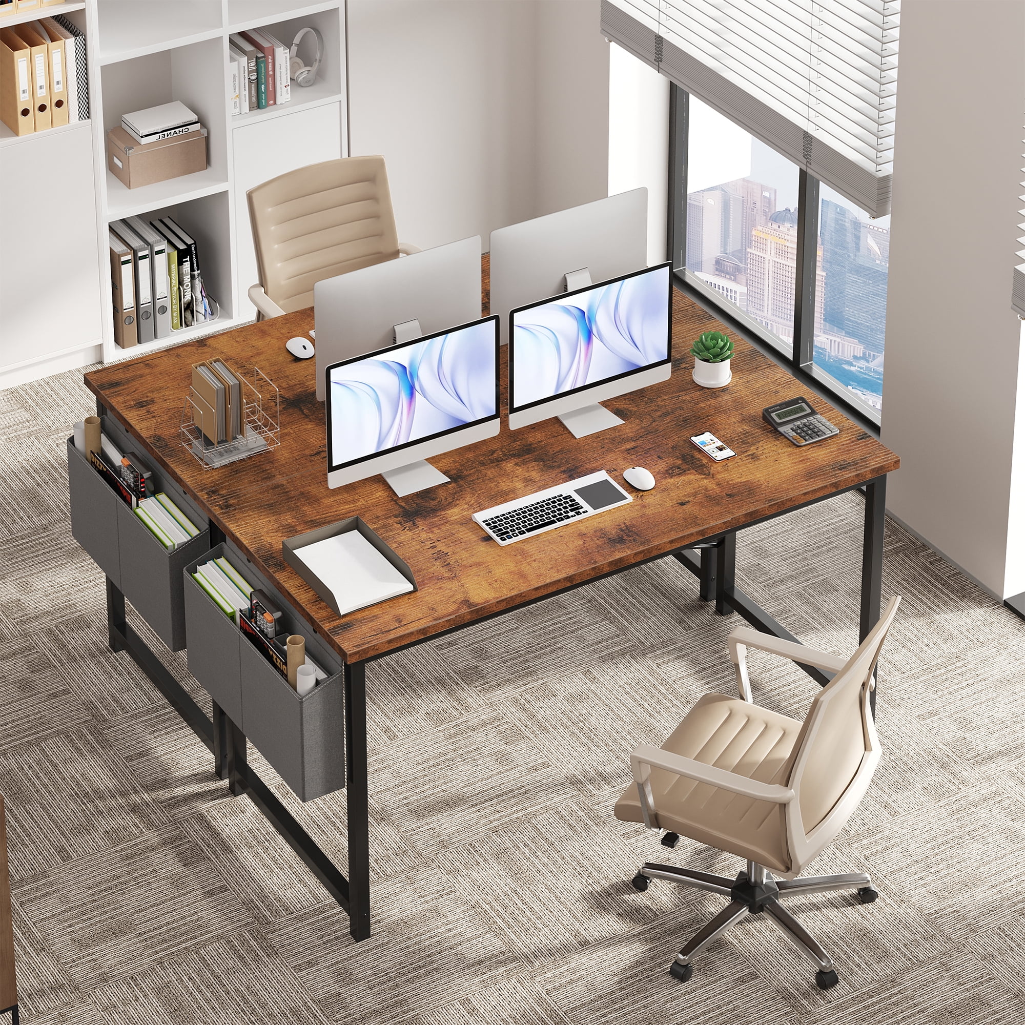 Gianna 55" Computer Desk with Metal Frame, Waterproof Surface and Storage Bag – Perfect for Office Use, Rust Brown