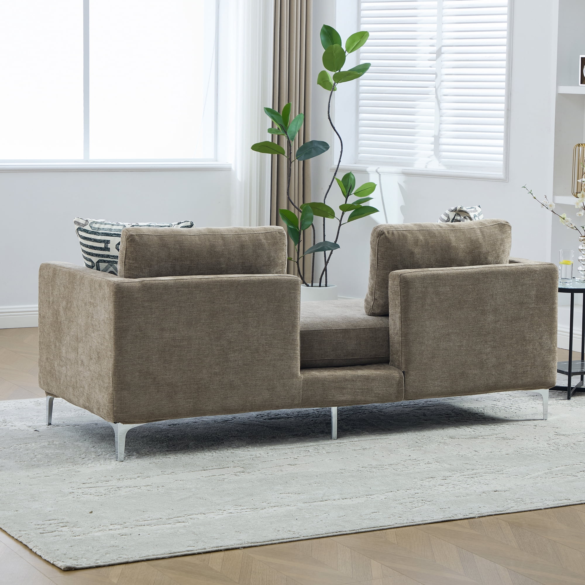 77.5-Inch Chenille Chaise Lounge with 4 Pillows and Open Backrest, Oversized Settee Daybed for Living Room and Guest Room, Taupe