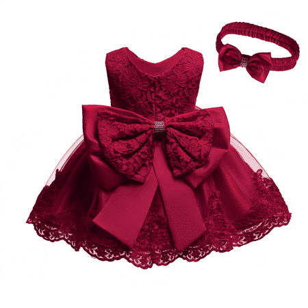 

IBTOM CASTLE Baby Girl Christening Baptism Gowns with Headband Bowknot Pageant Wedding Birthday Princess First Communion Dress 6-9 Months Dark Red