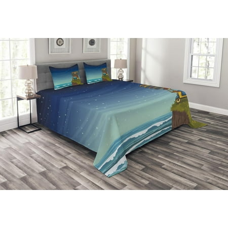 Ocean Bedspreads Ocean Bedspread Set, Cartoon Car With Surfboards Blue Night Ocean Waves Travel Summer Island Illustration, Decorative Quilted Coverlet Set with Pillow Shams Included, Multicolor, by Ambesonne ()