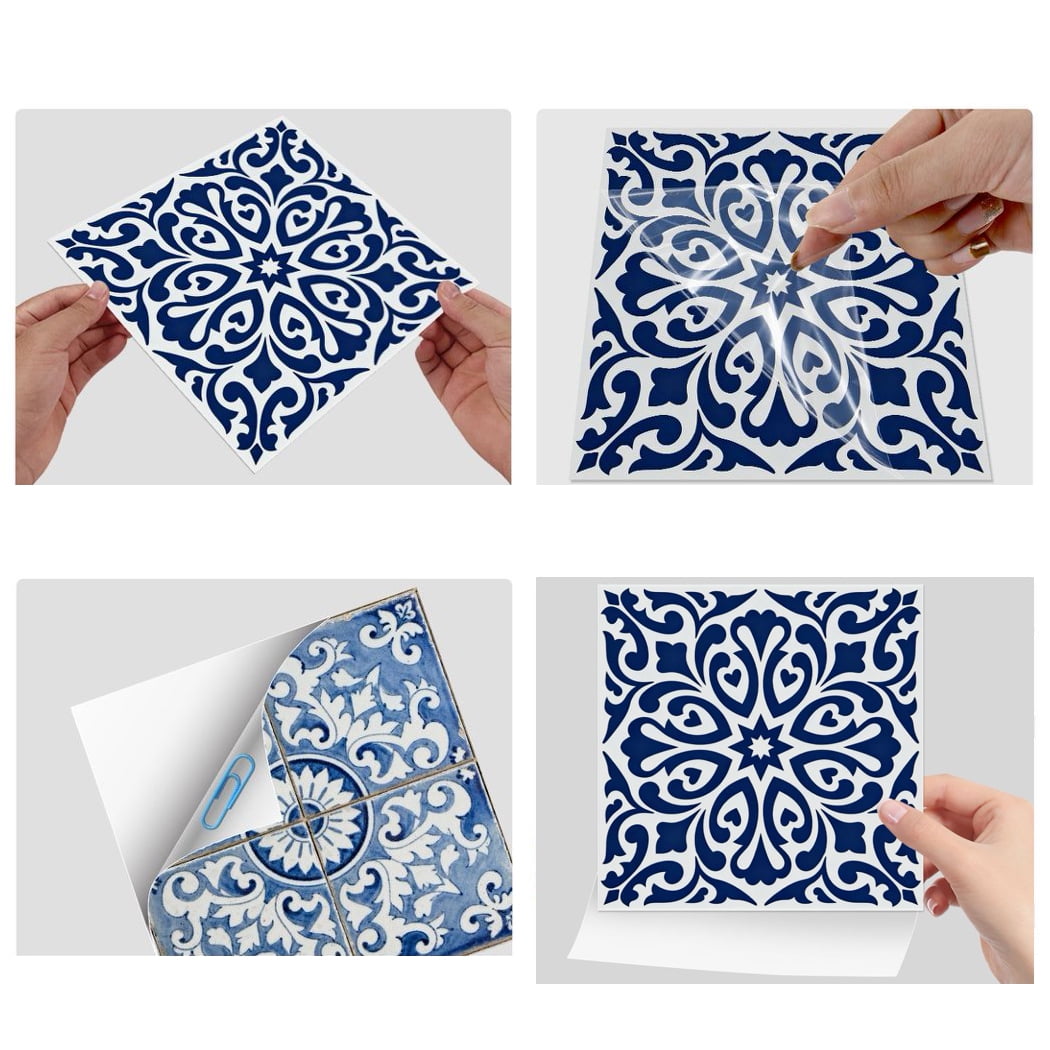 24Piece Self Adhesive Tile Sticker Peel and Stick Backsplash 7.87" x 7.87" DIY Decor Blue Gray Flowers Wall Stickers Waterproof Vinyl Decals