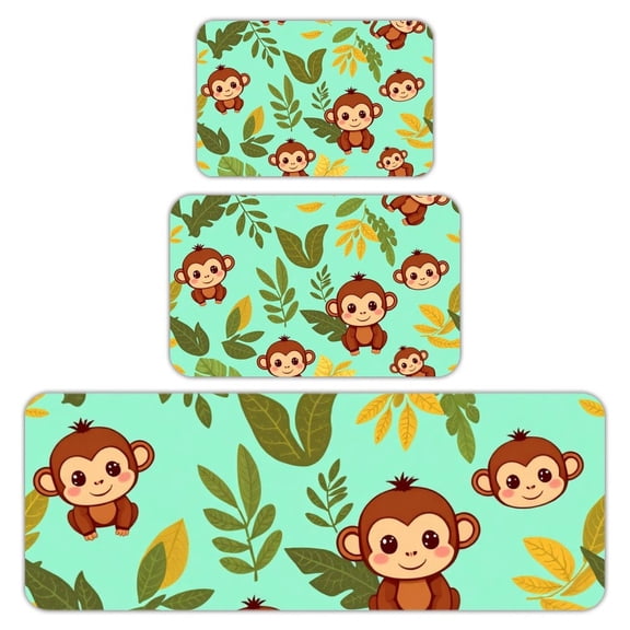 RKSupls Kitchen Rug Set 3 Piece Anti-Slip Flannel Floor Mats, Monkey Leaf Pattern Washable Absorbent Runner Mats for Kitchen Bathroom Home Decor