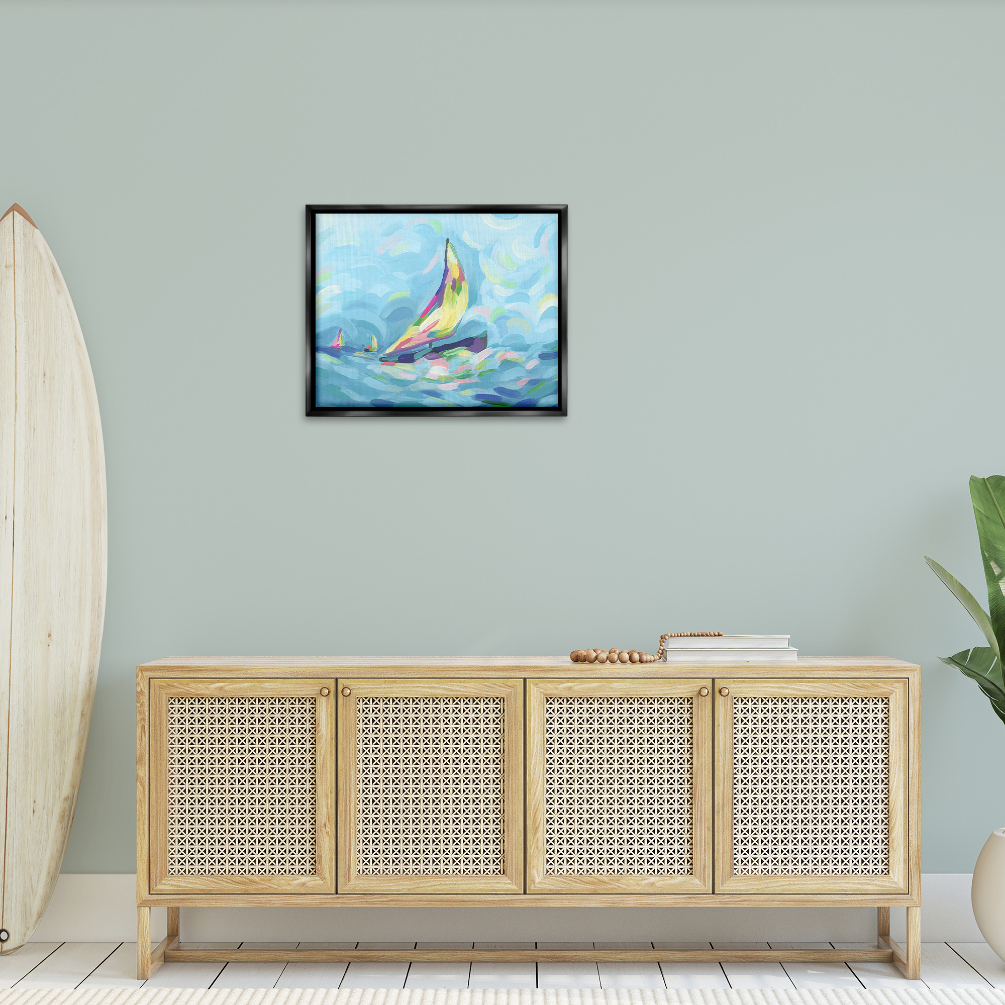 Stupell Industries Abstract Sailboat View Nature Painting Black Floater Framed Canvas Art Print Wall Art, 31 x 25