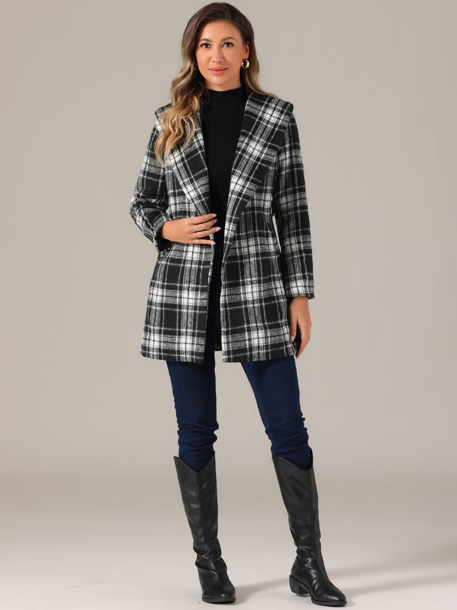 DARING DIVA Women's Winter Plaid Belted Shawl Collar Check Wrap Coat Black White M