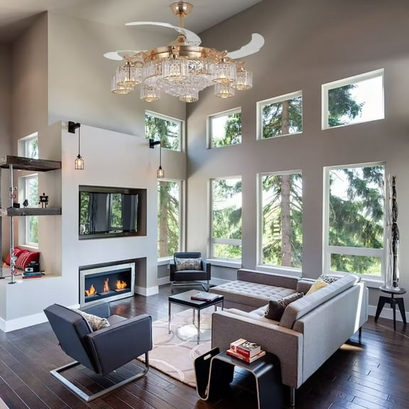 FINE MAKER 42" Luxury Gold 8-Lights LED Crystal Chandelier Retractable Ceiling Fan Lamp w/Remote Control