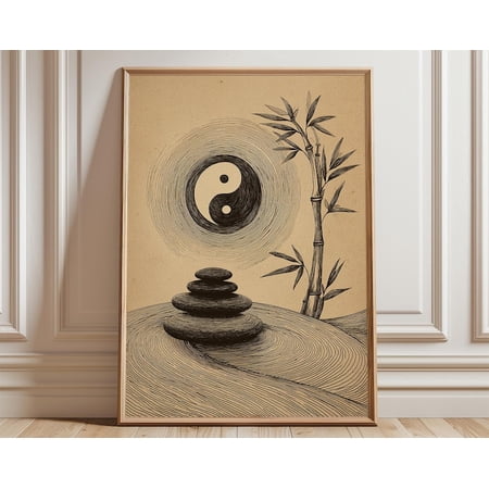 Yin Yang Bamboo Stacked Stones Wall Art Print, Unframed Paper Poster 8x10in