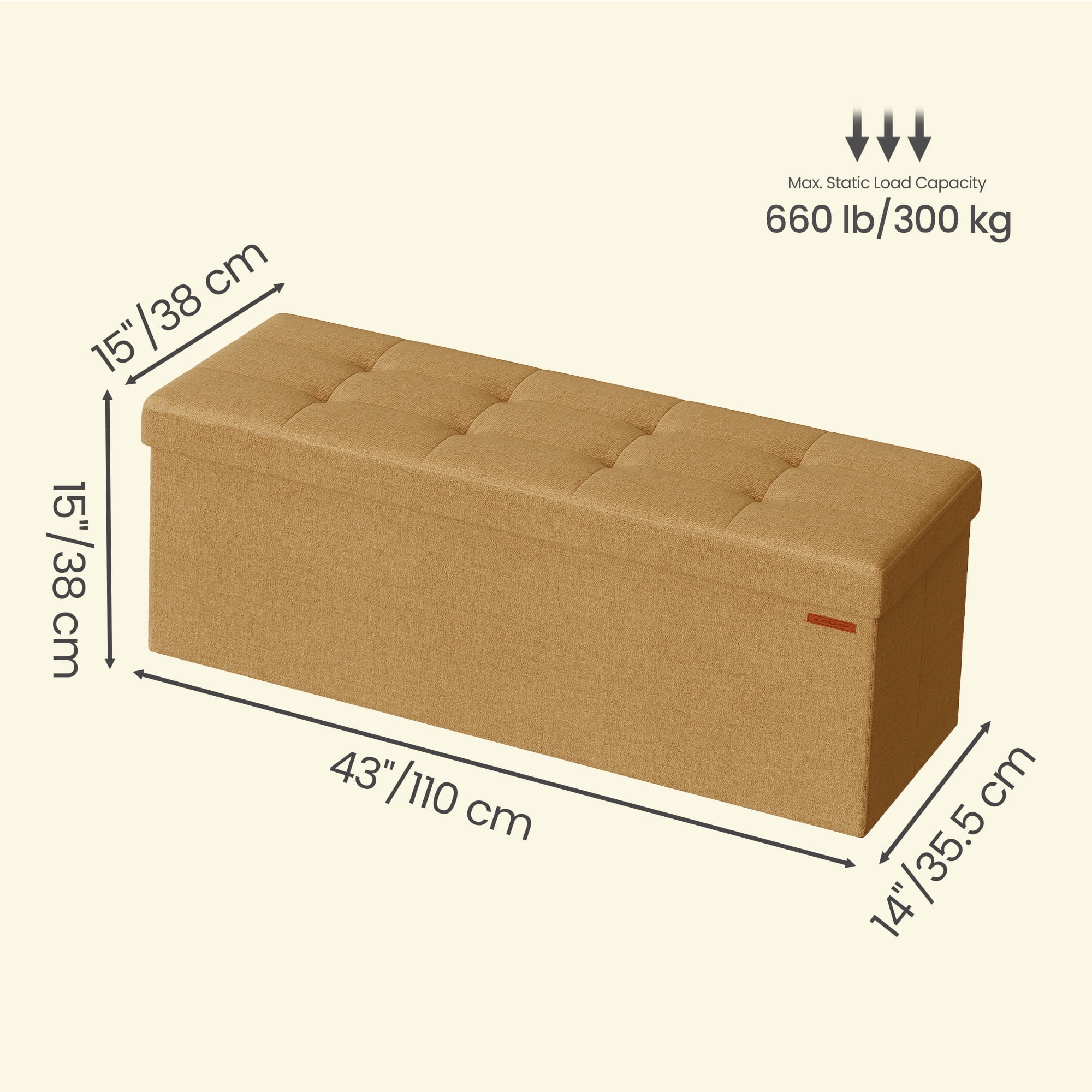 Ledrem 43" Foldable Storage Ottoman Bench, Multi-Functional Seating, Ginger