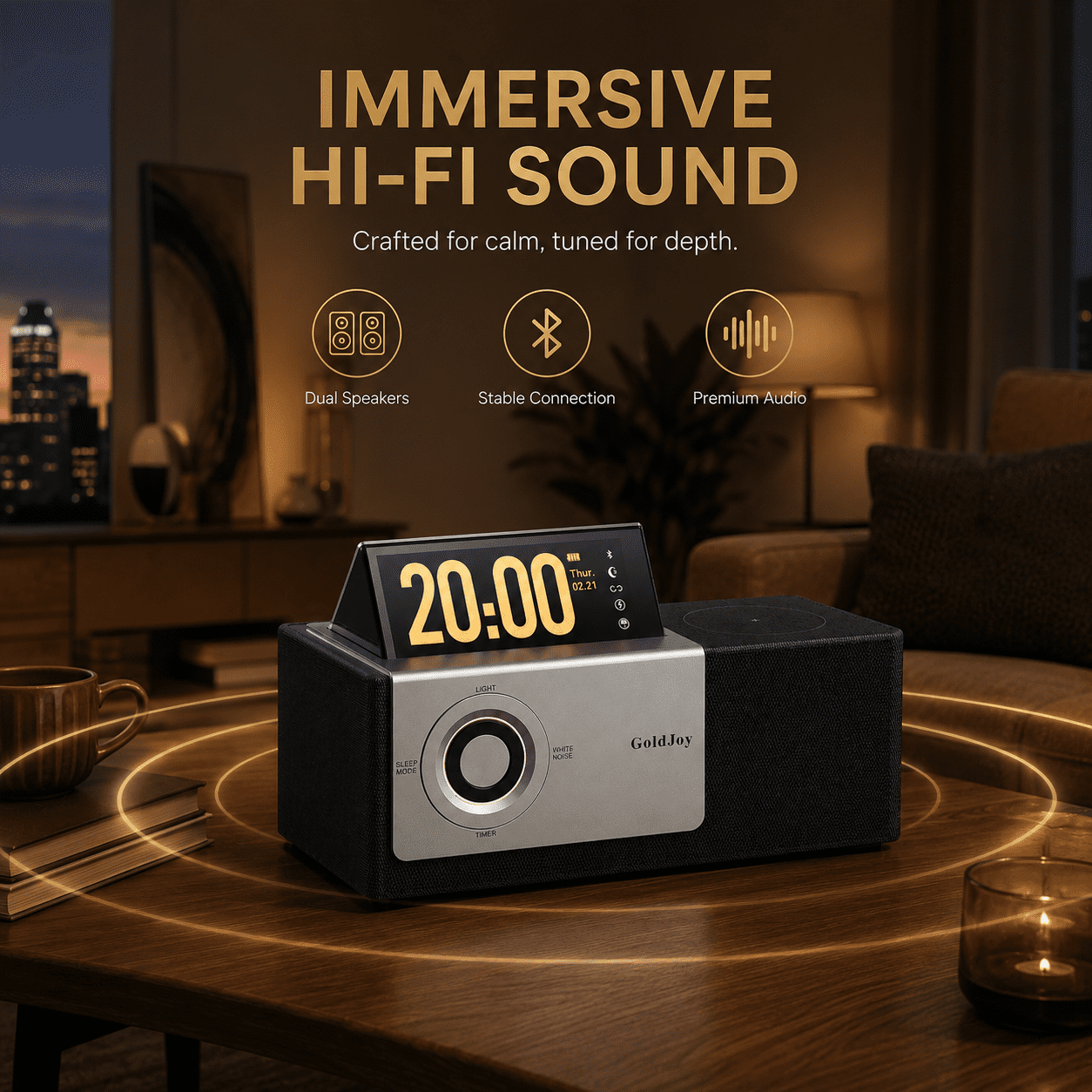 GoldJoy Flippable LCD Display Clocks, 7-in-1 Bluetooth Speaker, Wireless Charger, Sunset Lamp, White Noise, 4000mAh Battery