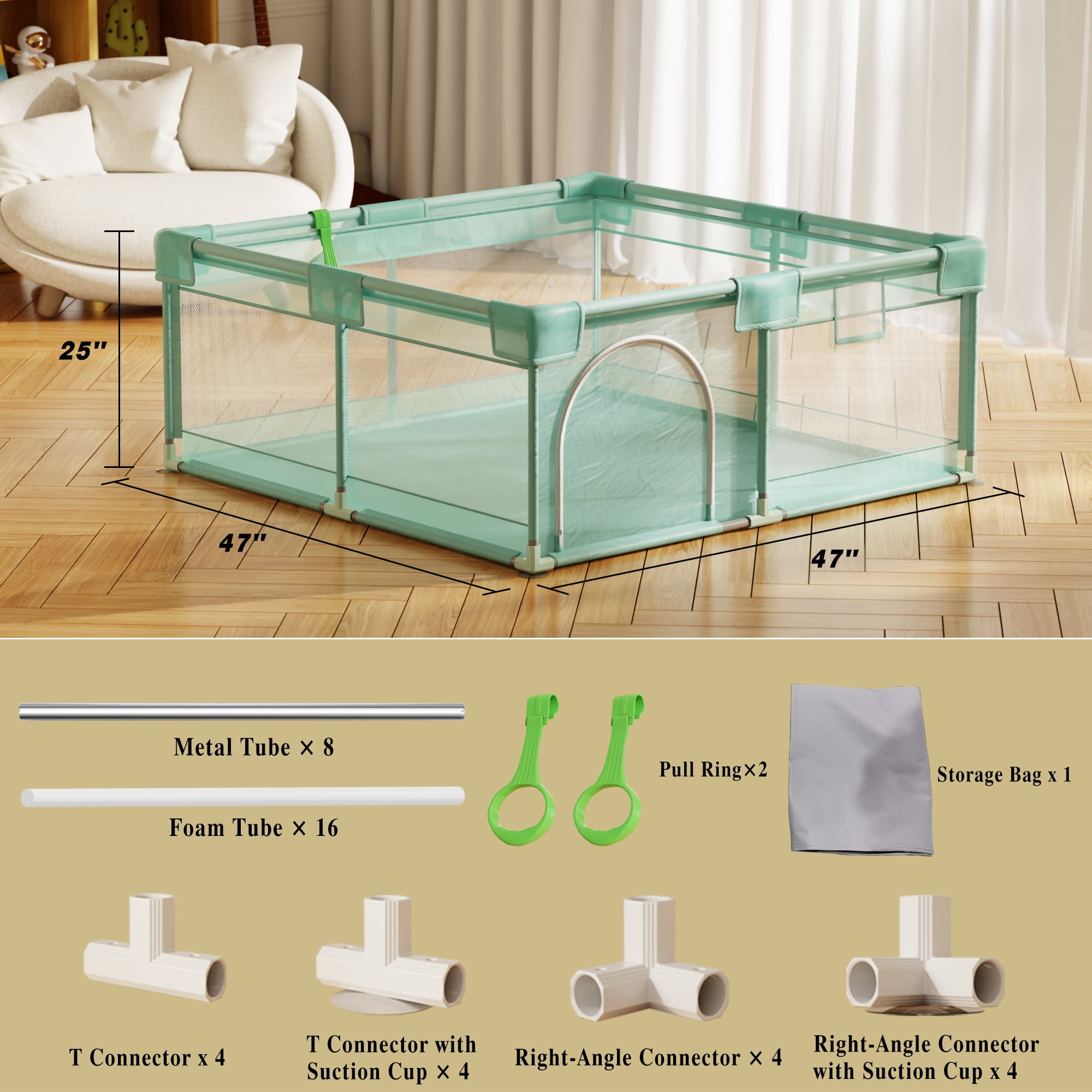 NimbleRest 48"x48" Large Baby Playpen Toddler Play Yards Safety Fence, Pale Green