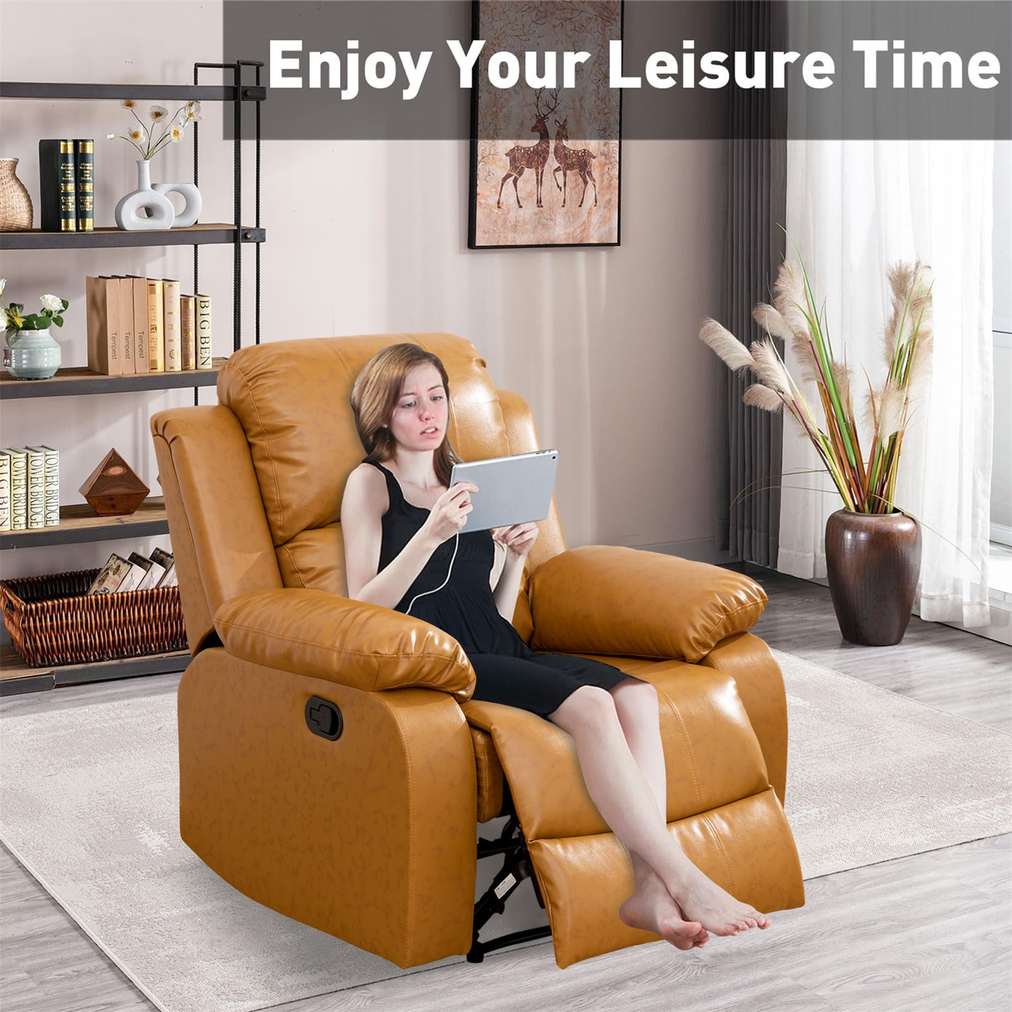 Aukfa Faux Leather Manual Recliner Chair Single Sofa Armchair for Living Room, Bedroom, Ginger