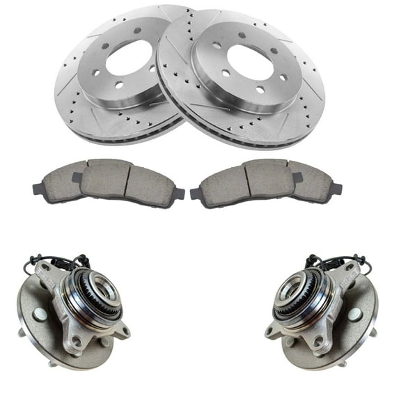 TRQ Front Performance Brake Pad & Rotor Kit Brake Pads Brake Rotors Set Wheel Hub Bearing Assembly Ceramic Premium G-Coated Fits Select 2005-2008 Ford F-150 2006-2008 Lincoln Mark LT