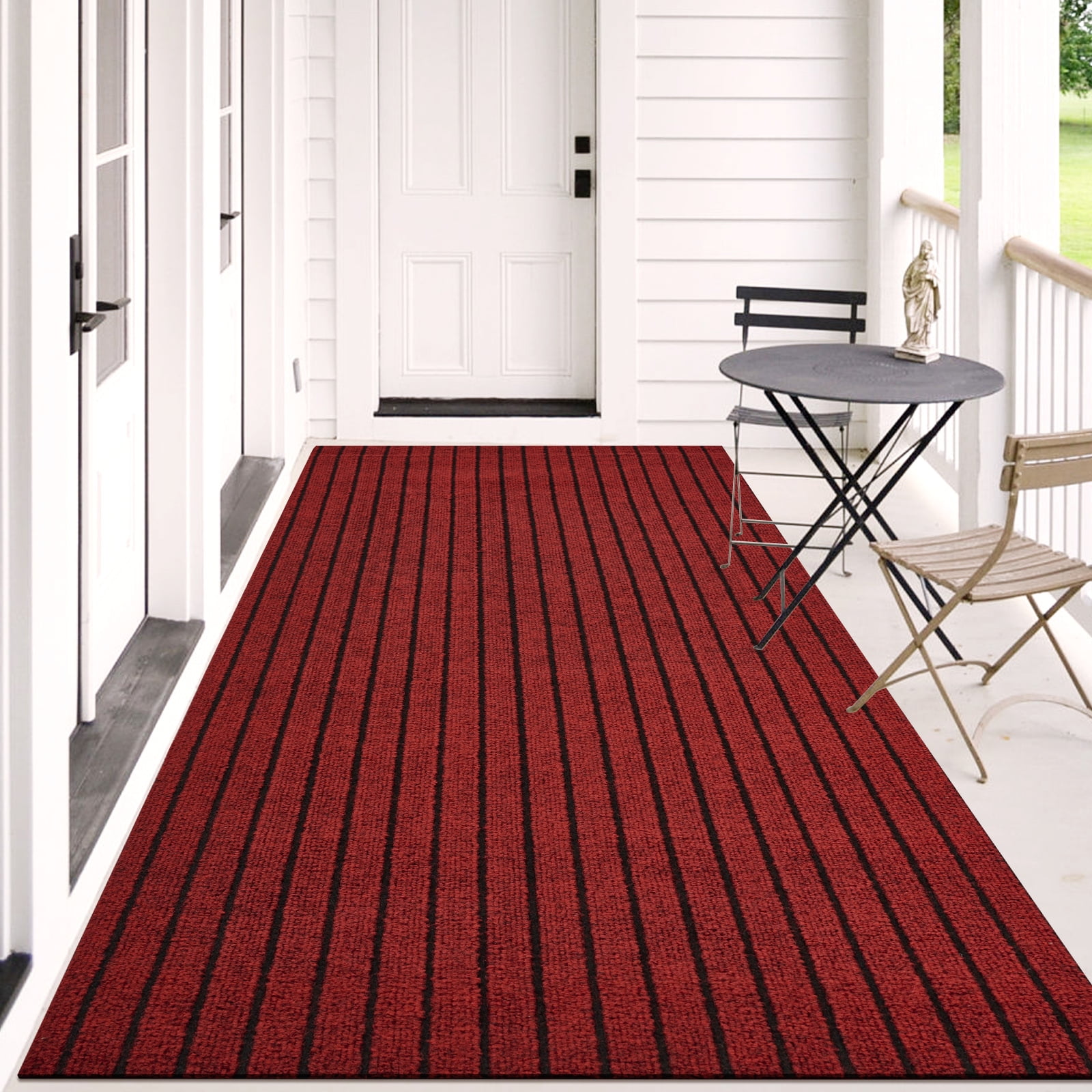 Morefany Runner Rugs Outdoor Indoor Area Rug with Rubber Backing Non Slip Carpet Custom Size Mat for Hallway Entryway Kitchen Garage Laundry Striped Red 6' x 25'