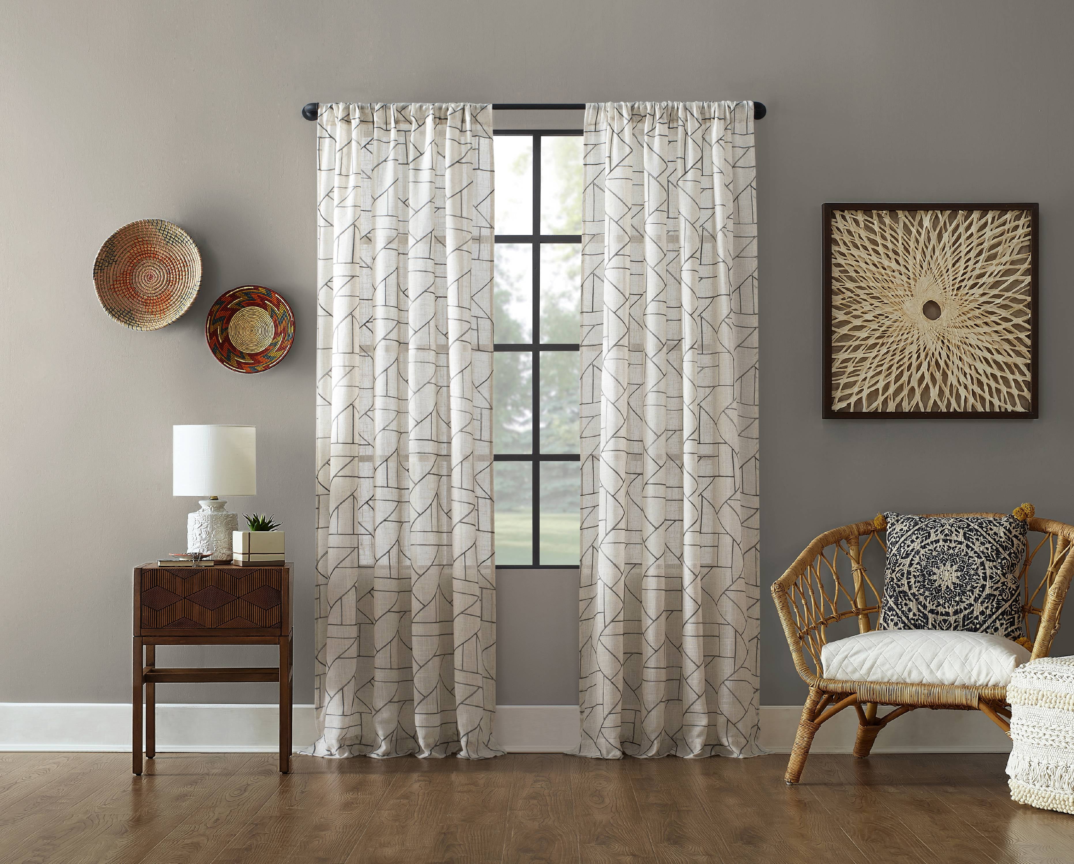 Archaeo Jigsaw Embroidery Linen Blend Curtain, 50"x95", Gray/Linen