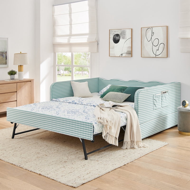 Full Size Daybed with Pop Up Trundle, Gingham Twin to King Daybed with Side Storage Pockets, Upholstered Sofa Bed Frame for Living Room Bedroom, No Box Spring Needed