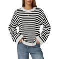 thumbnail image 2 of Women's Long Sleeve Sweater Striped Oversized Sweaters Casual Crewneck Knit Tops White L, 2 of 7