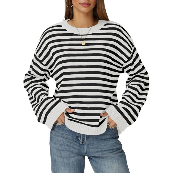 Womens Long Sleeve Sweater Striped Oversized Sweaters Casual Crewneck Knit Tops White M