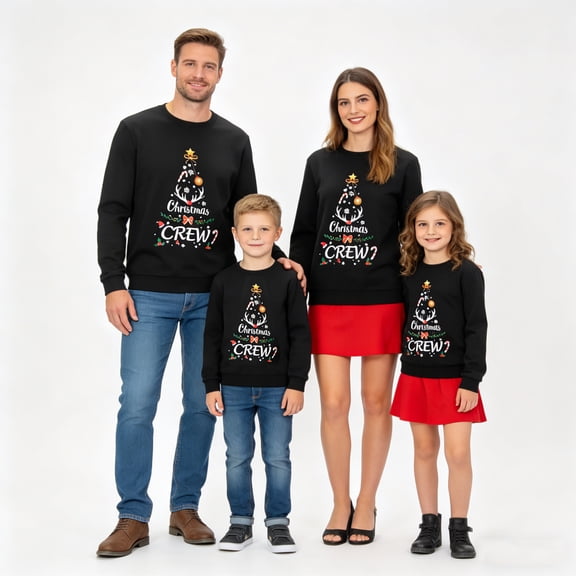 Family Matching Sweatshirt Christmas Tree Letter Print Long Sleeve Round Neck Casual Pullover Top