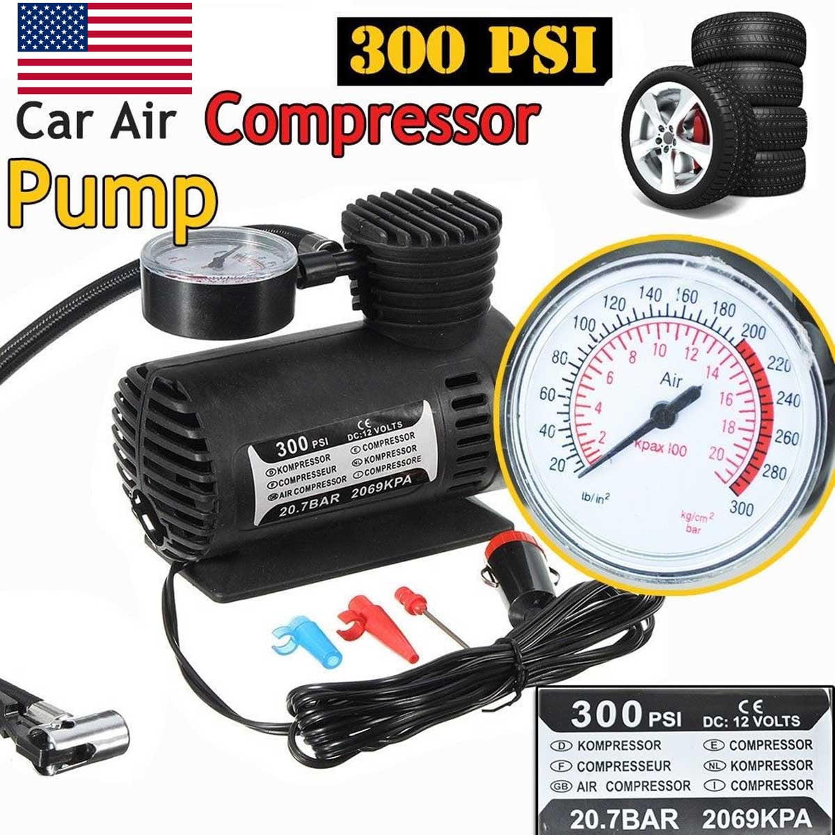 Electric Inflation Pump Portable Tyre Air Inflator 300PSI Auto Compressor Pump 