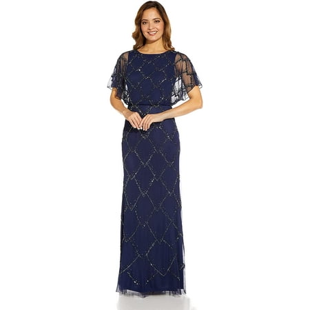Adrianna Papell Womens Beaded Blouson Gown 6 Light Navy