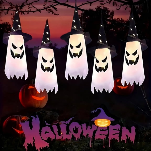 ZOEYKIMLO Halloween Hanging Witch Hats Ghost 5PC, Halloween Decorations Outdoor Ghosts with Glowing Hat Lights for Halloween Party Yard Patio Garden Tree Decoration