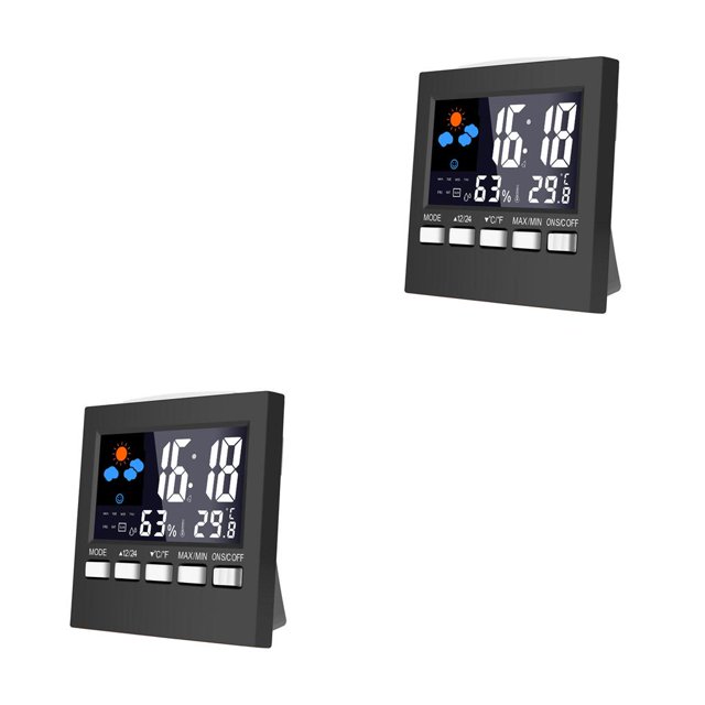 Advancent LCD Desktop Alarm Clock Electronic Digital Operated Calendar Home Battery Humidity Display Temperature Weather Negro 9.3*3.9*9.6 cm 2piezas Advancent CBP061538