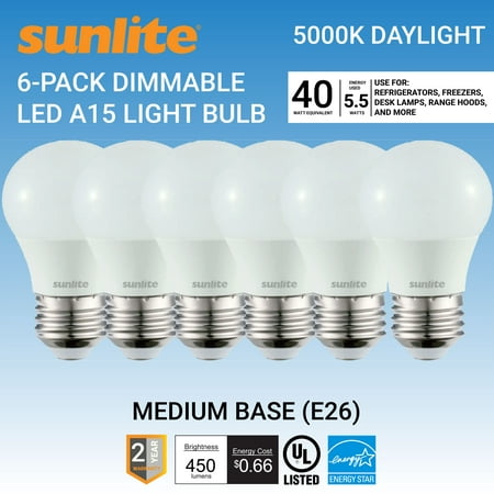 

Sunlite LED A15 Refrigerator Light Bulb 5.5 Watts (40W Equivalent) 450 Lumens Medium Base (E26) Dimmable Frosted Finish UL Listed Energy Star 5000K Daylight 6 Pack
